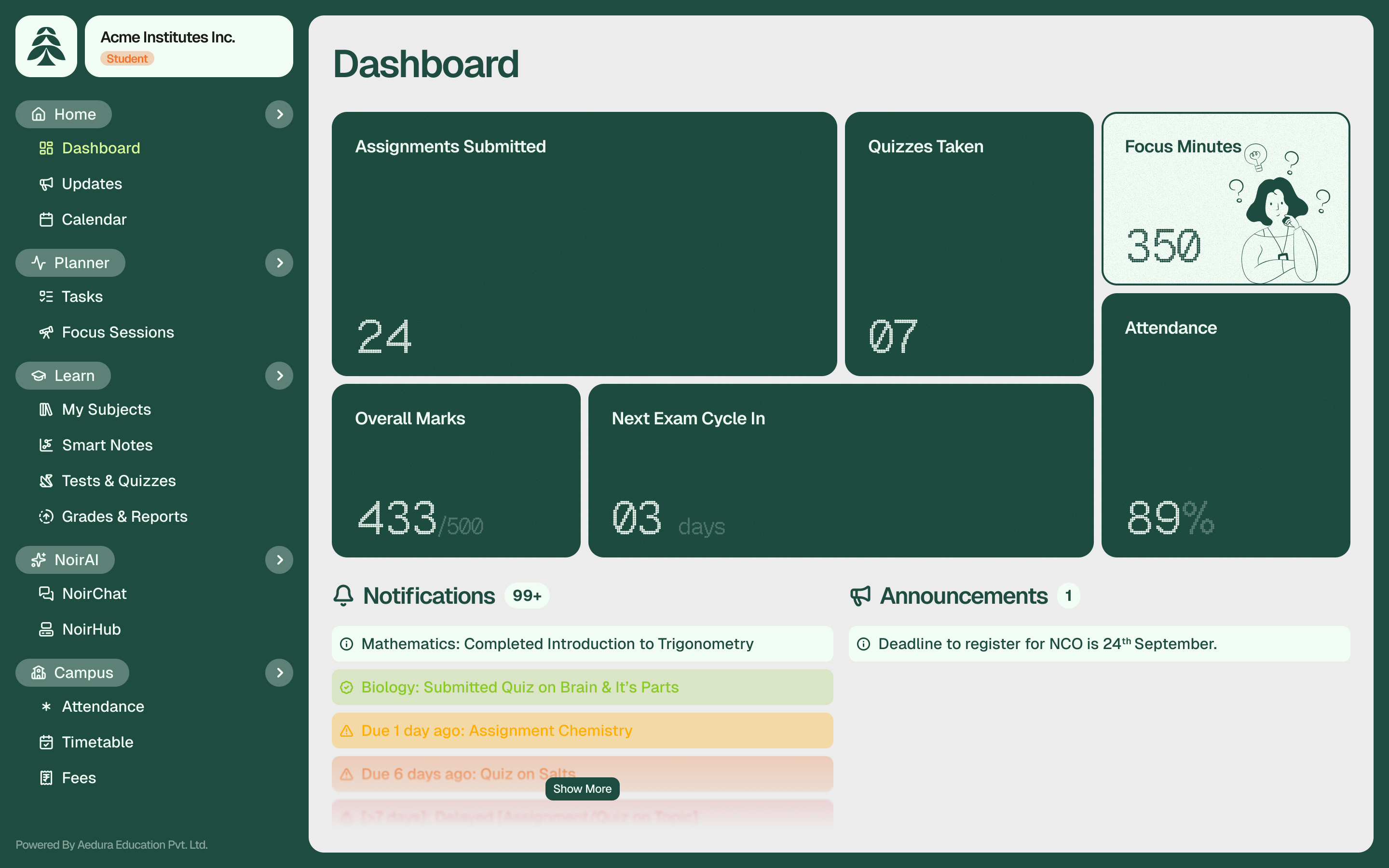 Aedura student dashboard